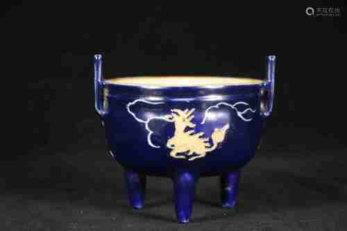 A CHINESE BLUE GLAZED TRIPOD CENSER