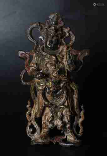 A CHINESE BRONZE LOKAPALA STATUE PAINTED WITH GOLD, QING DYNASTY