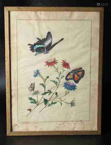 A CHINESE WATERCOLOR PAINTING OF BUTTERFLIES AND FLOWERS, QING DYNASTY