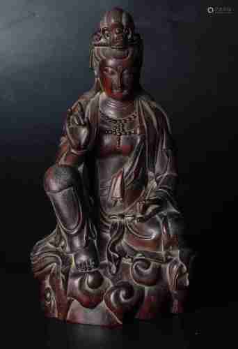 A CHINESE MAHOGANY GUANYIN STATUE, QING DYNASTY