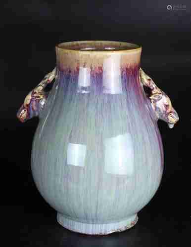 A CHINESE FLAMBE GLAZED PORCELAIN POT DESIGNED WITH DEER-HEADS, QING DYNASTY