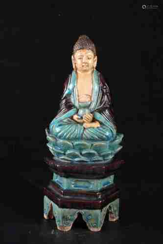 A CHINESE ENAMEL PORCELAIN ARHAT STATUE, MING DYNASTY