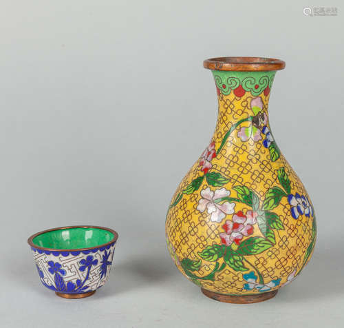 Set Chinese Cloisonne Vase & Cup