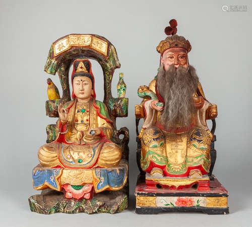 Set Chinese Old Painted Camphor Wood Buddha