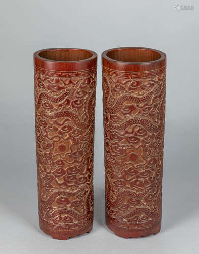 Pair Chinese Old Carved Bamboo Dragon Pot