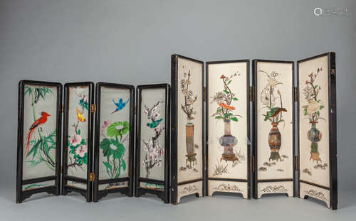 Set Chinese Export Silk & Wood Table Screens