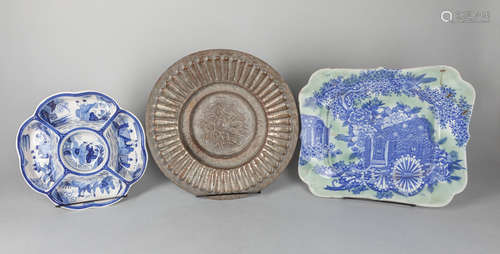 Group Blue White Porcelain & Brass Plate