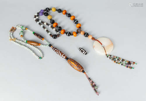 Group of Designed Jade Stone and Dzi Bead Necklaces