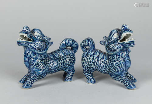 Pair Japanese Taisho Blue & White Porcelain Beasts