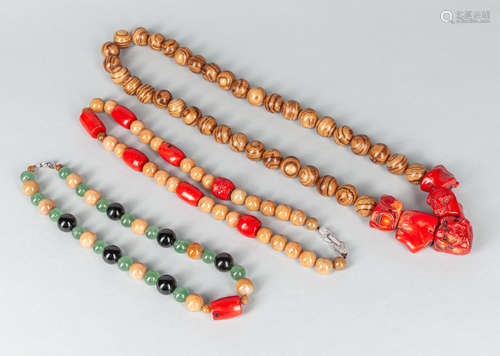 Set of Coral Like and Jade Beads Necklaces