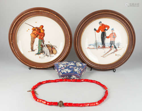 Group of Wall Hanging Plates and Coral Like Beads, Porcelain Box