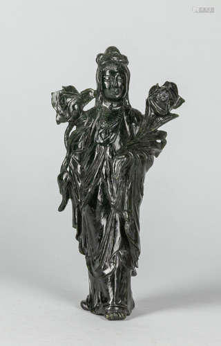 Tall Chinese Spinach Jade Carving of Kuanyin