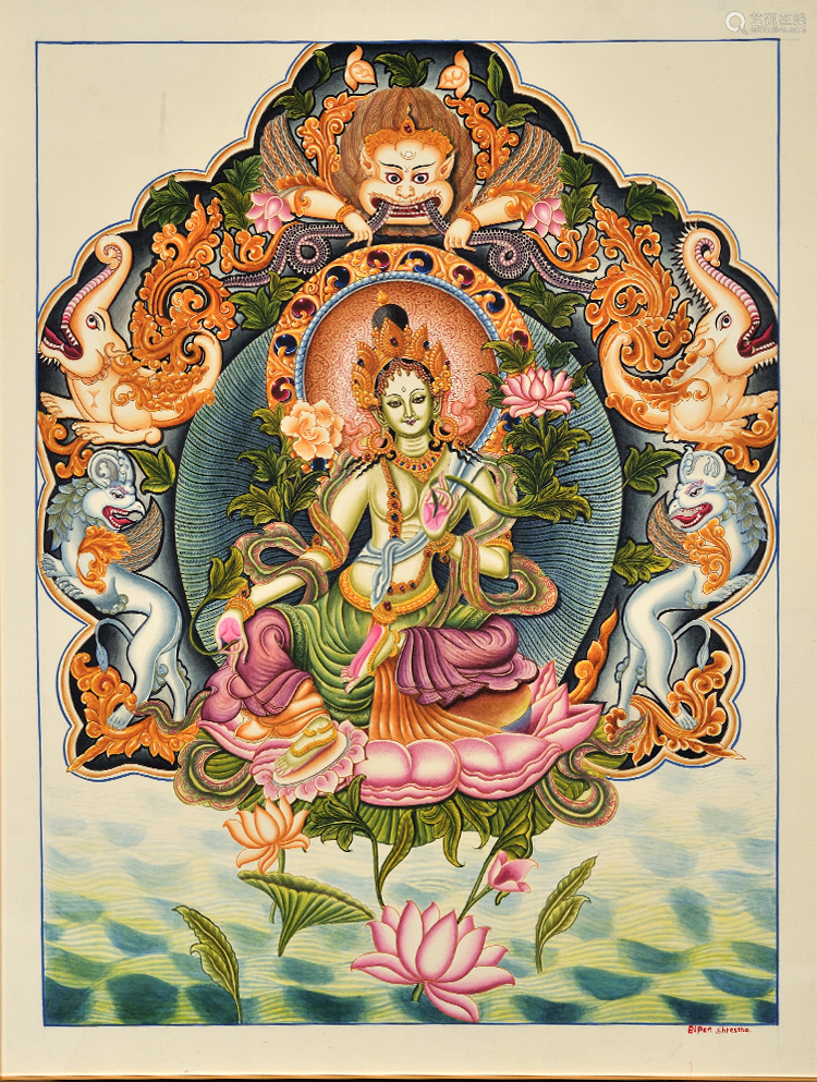 馆藏级纯手绘唐卡《绿度母》-【成交 价格 图片】