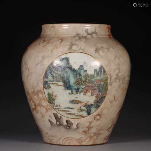 粉彩山水人物罐 A famille rose jar painted with figures and landscape