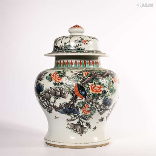Qing Dynasty Kangxi powder color flower and bird pattern jar