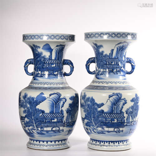 A pair of blue and white elephant ear bottles in Qing Dynasty