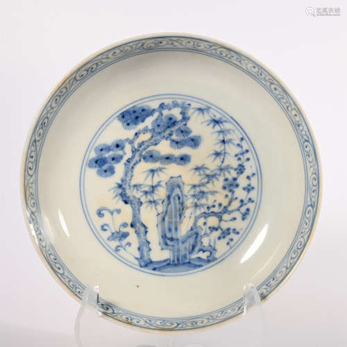 Ming Chenghua blue and white pine bamboo plum plate