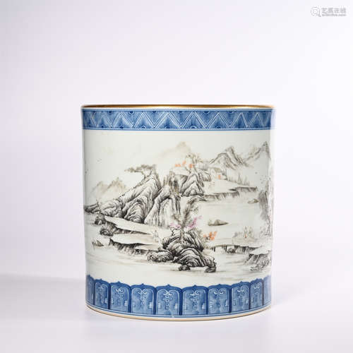 Qing Dynasty Qianlong pastel brush holder with landscape pattern