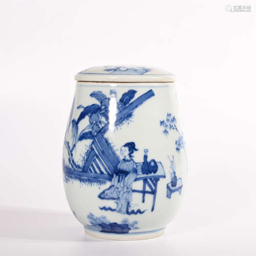 Qing Dynasty blue and white baby play picture cover can