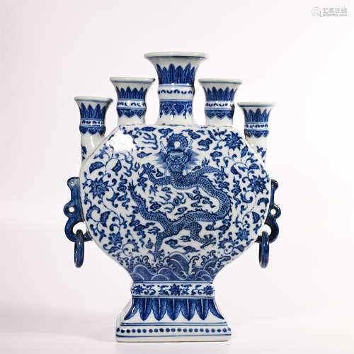 Qing Yongzheng blue and white dragon five tube vase