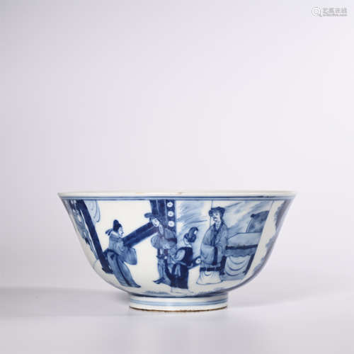 Qing Dynasty Kangxi blue and white characters story bowl