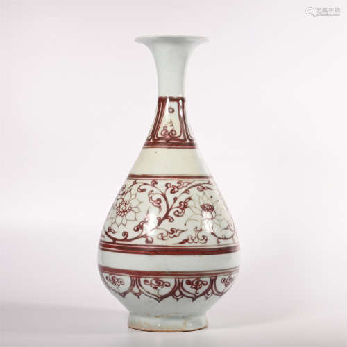 A spring vase with lotus pattern and red tangled branches in glaze in Ming Dynasty