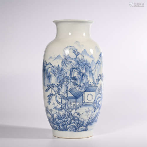 Qing Dynasty Qianlong blue and white lantern vase with landscape pattern