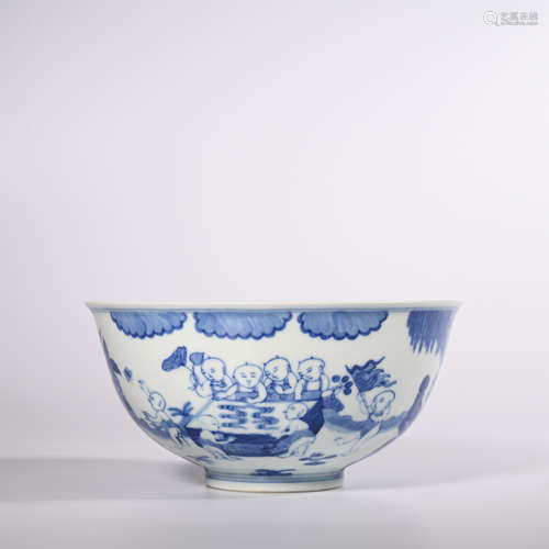 Qing Dynasty Qianlong blue and white baby opera bowl