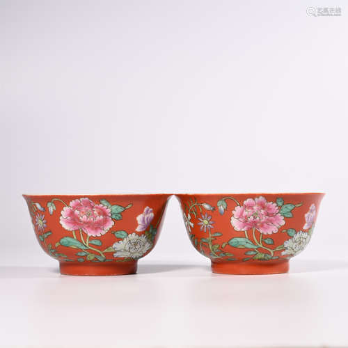 A pair of pink flower bowl in Jiaqing of Qing Dynasty