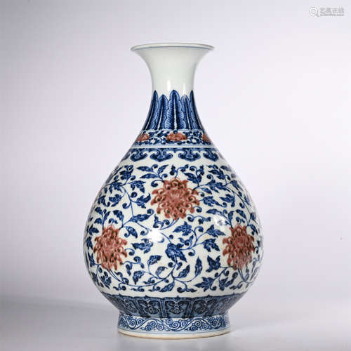 Qing Dynasty Yongzheng blue and white underglaze Ruby pot spring bottle