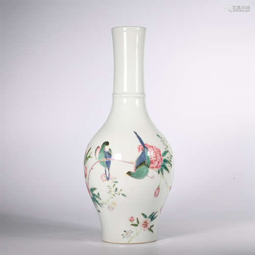 Qing Yongzheng pink flower and bird pattern olive vase