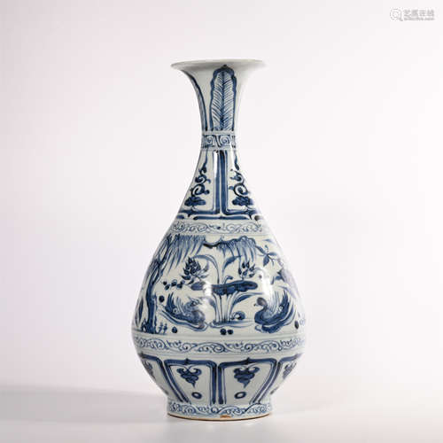 Blue and white lotus pond jade pot spring vase with mandarin duck pattern in Yuan Dynasty