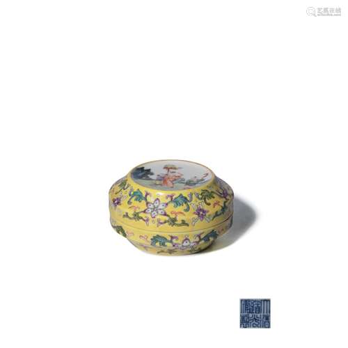 A Yellow Ground Famille Rose Twining Lotus Pattern Porcelain Box, Daoguang Mark