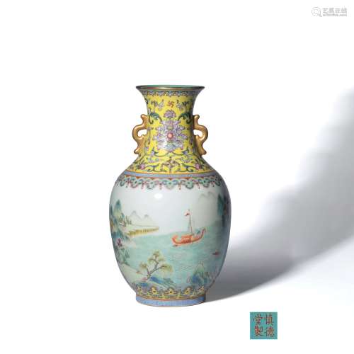 A Famille Rose Gilt-inlaid Landscape Porcelain Double Ears Lantern-shaped Vase