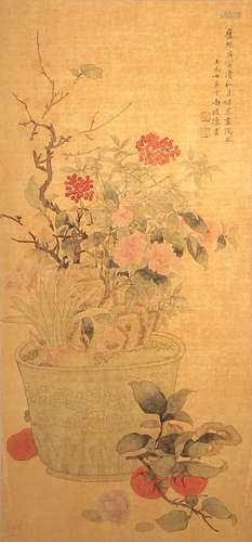 A Chinese Flowers Painting Silk Scroll