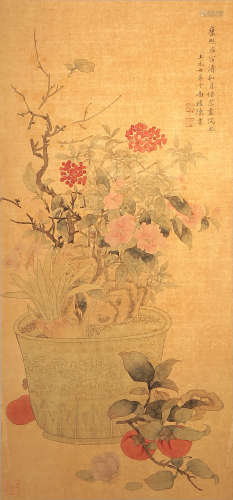 A Chinese Flowers Painting Silk Scroll