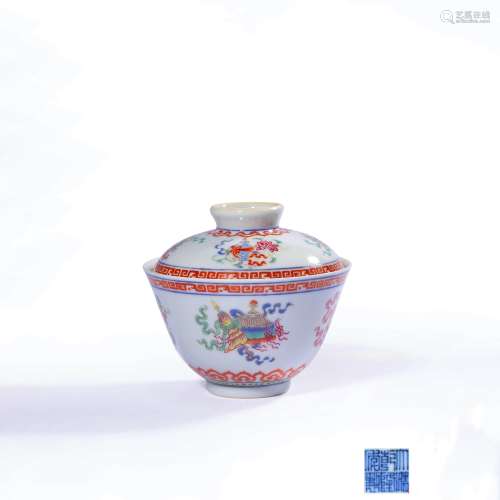 A Famille Rose Eight Treasures Pattern Porcelain Bowl with Cover, Qianlong Mark