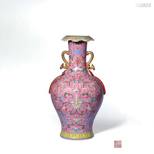 A Famille Rose Pink Ground Twining Lotus Pattern Porcelain Ruyi Ears Vase, Qianlong Mark