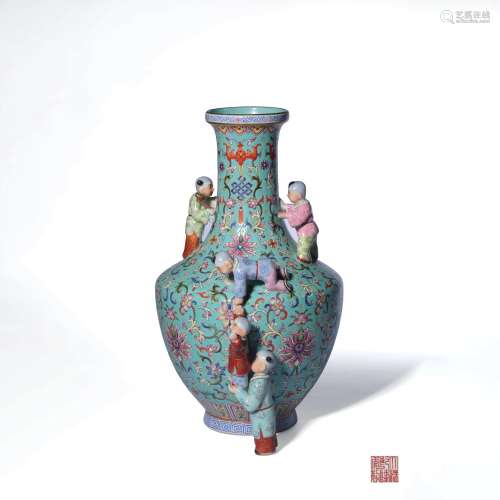 A Famille Rose Green Ground Twining Lotus Pattern Porcelain Vase, Qianlong Mark