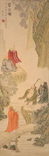 A Chinese Arhats Painting Scroll, Liu Lingcang Mark