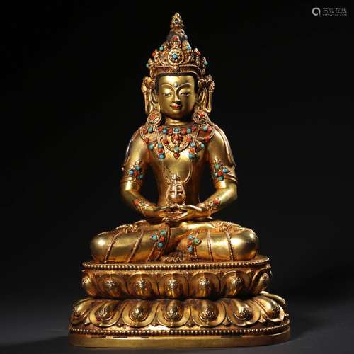 A Gem Inlaid Gild Bronze Statue of Longevity God