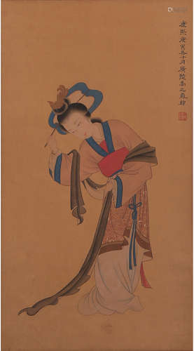 A Chinese Lady Painting Silk Scroll, Yu Zhiding Mark