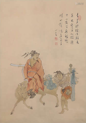 A Chinese Figures Painting Scroll, Pu Xinyu Mark