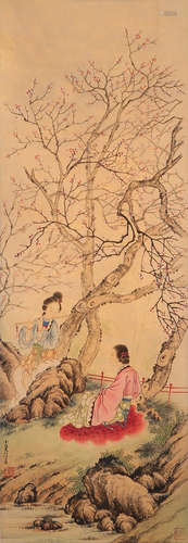 A Chinese Figures Painting Scroll, Lu Xiaoman Mark