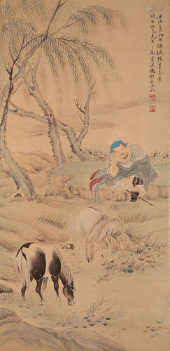 A Chinese Figure&Horse Painting Scroll, Feng Chaoran Mark