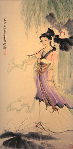 A Chinese Holding Lotus Lady Painting Scroll, Bai Bohua Mark