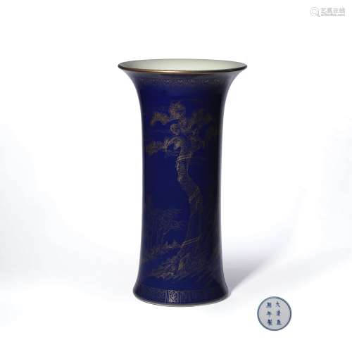 A Blue Glaze Gilt-inlaid Floral Porcelain Beaker Vase, Kangxi Mark