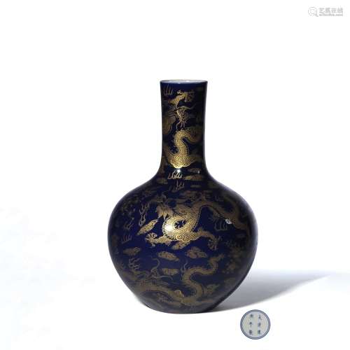 A Blue Glaze Gilt-inlaid Dragon Pattern Porcelain Tianqiuping, Kangxi Mark
