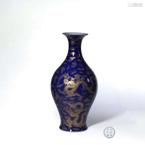 A Blue Glaze Gilt-inlaid Dragon Pattern Porcelain Olive-shaped Vase, Kangxi Mark