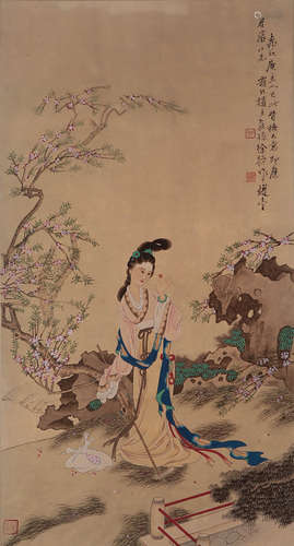 A Chinese Lin Daiyu Burying Flower Painting Scroll, Xu Cao Mark